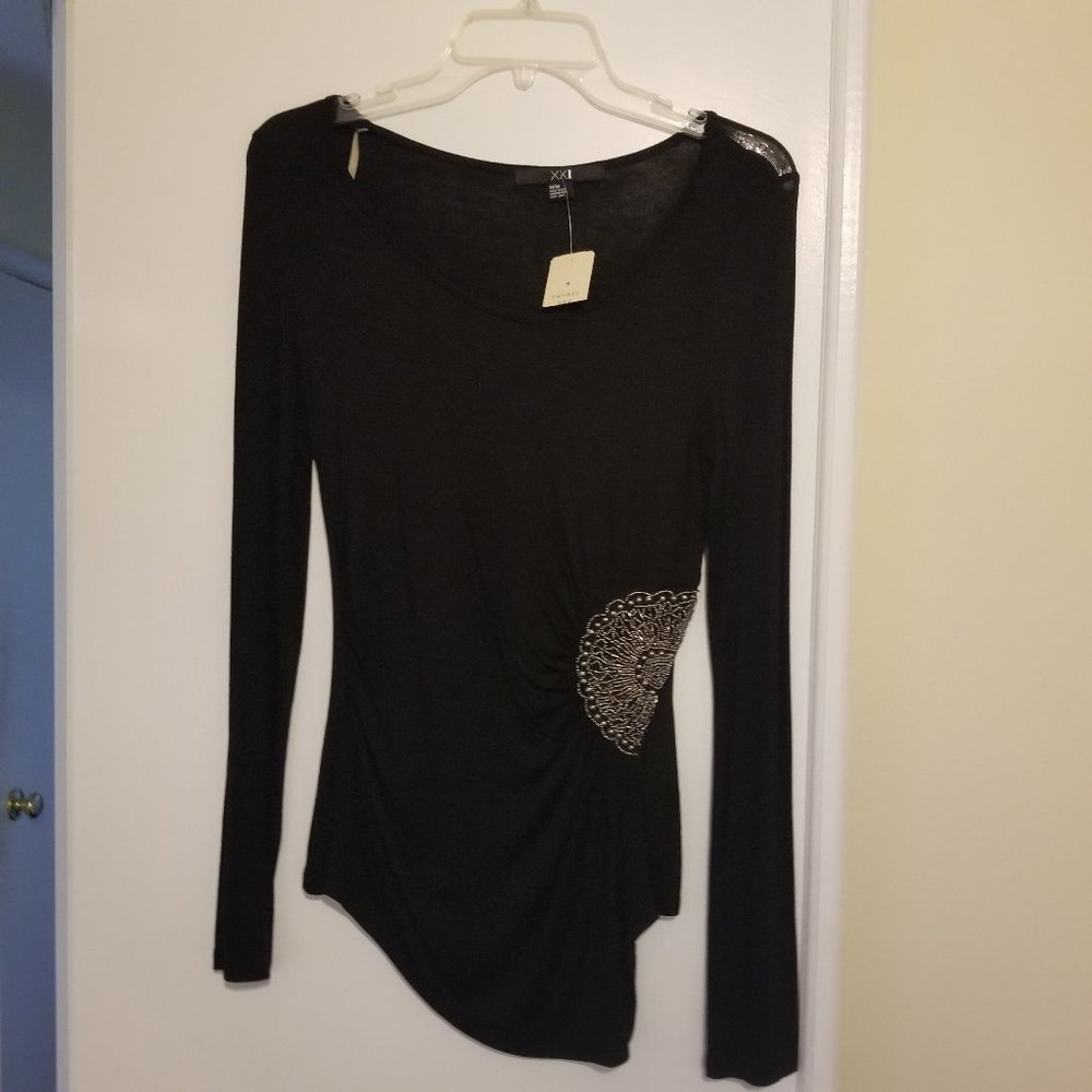 Twenty One Black Long Sleeve Top with Silver Embroidery at Waist size M NWT